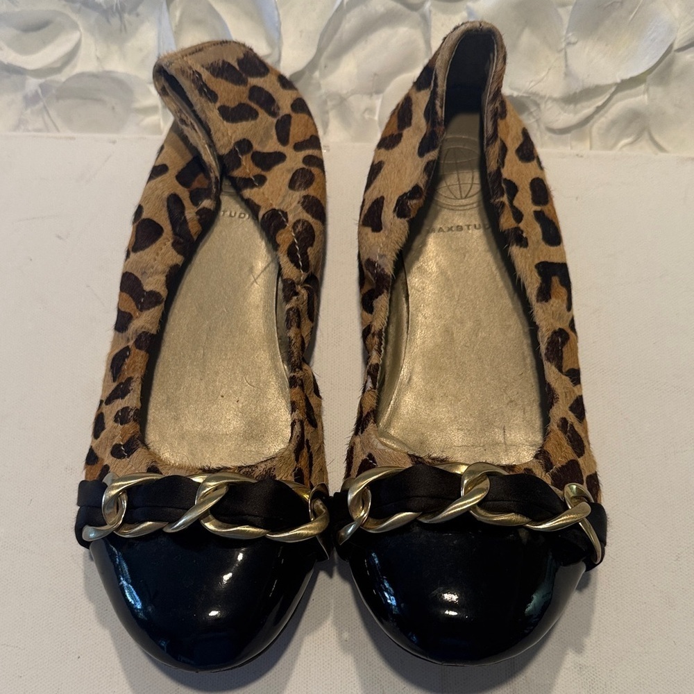 Max Studio Leopard Print Flats with Black and Gold Chain